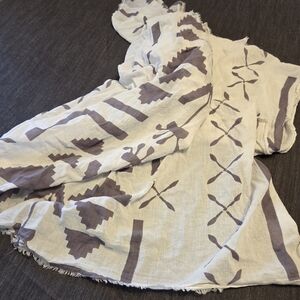 Gocco Cotton Scarf Ivory‎ Taupe Tribal Block Print Fringe India Made